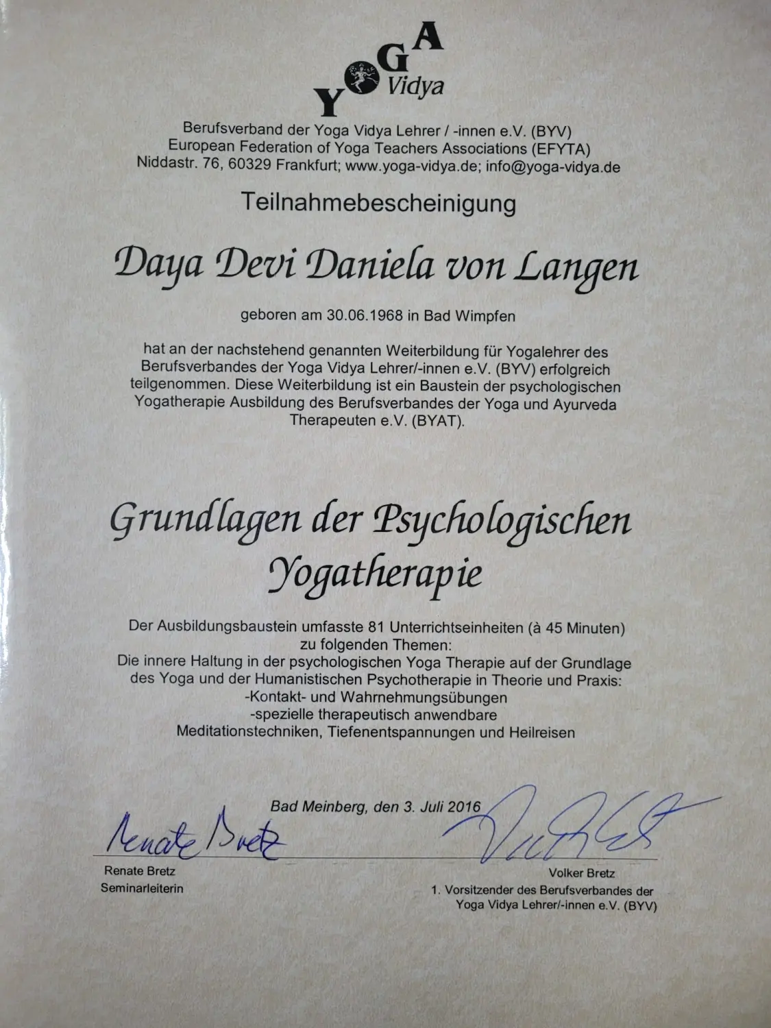 Zertifikat Pitanga Yoga